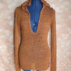 Y2K J.J. Basics Women's Brown Hooded Deep V-Neck Tunic Sweater Size M